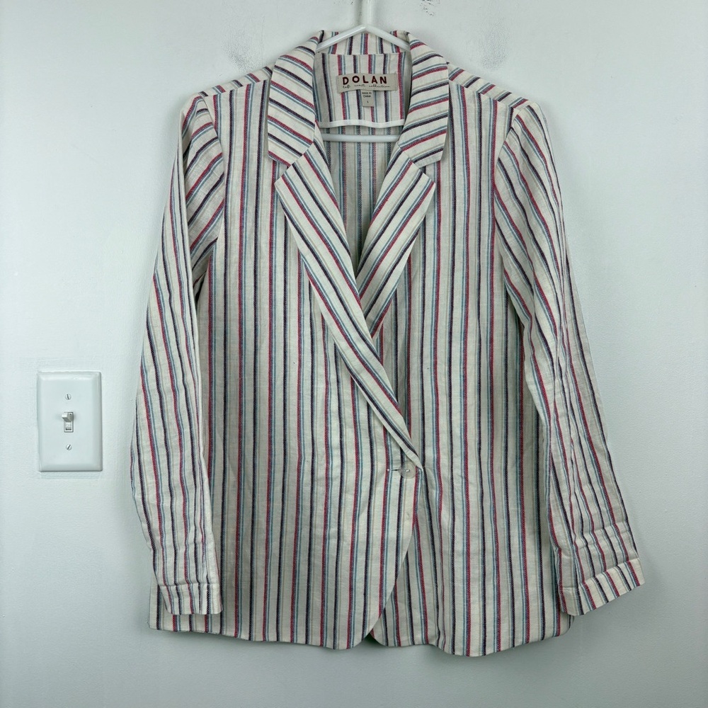 Anthropologie Linen Blend Striped Blazer Red White Blue Notched Lapel Jacket - Picture 2 of 7